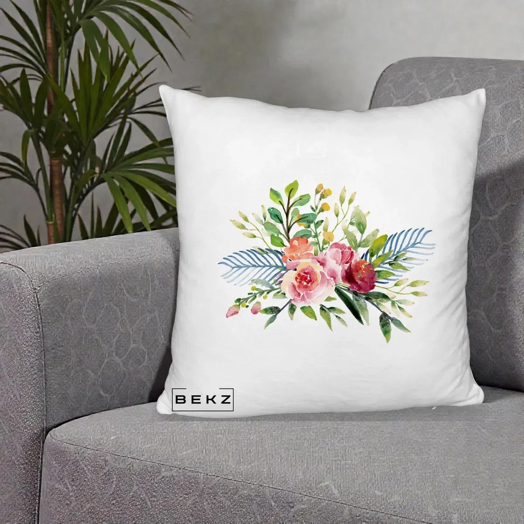 Perna Decorativa Buchet Flori Acuarela Roz-Verde, 40x40 cm, Alb Pufos, Husa Detasabila, Perna Inclusa, BEKZ®
