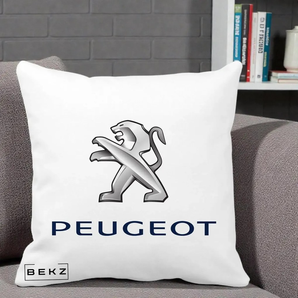 Perna Personalizata cu emblema Peugeot, 40x40 cm, Alba Mata, Husa Detasabila, Perna Inclusa, BEKZ®