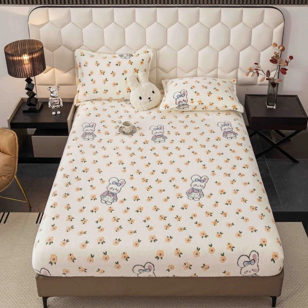 Husă de pat cu elastic, cocolino, 230x250 cm, 2 fețe de pernă, iepurași și flori