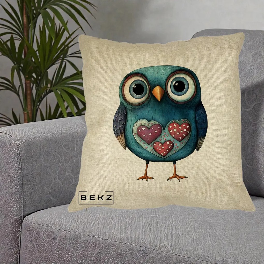 Perna Decorativa Bufnita Teal cu Doua Inimi, 40x40 cm, Crem, Husa Detasabila, Perna Inclusa, BEKZ®