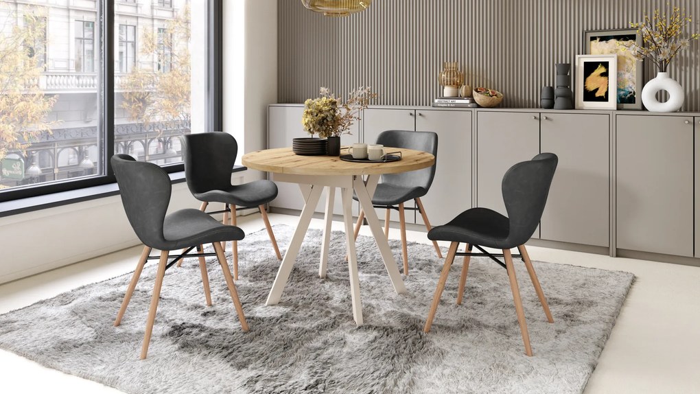 Mazzoni ALDO Stejar Artisan/picioare bej - MASĂ ROTUNDĂ EXTENSIBILĂ CU PICIOARE ÎN FORMĂ DE "Y" STIL LOFT PENTRU SALON/SUFRAGERIE