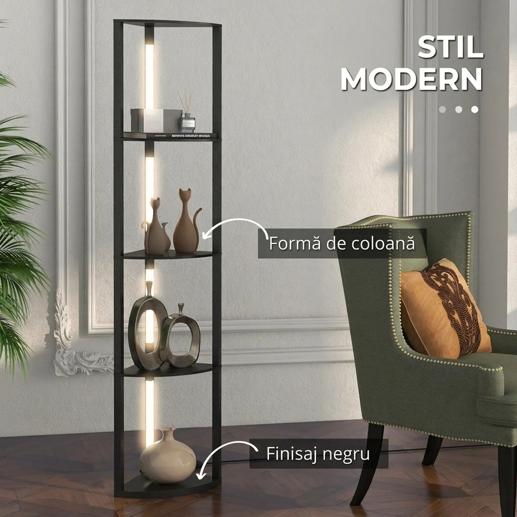 Lampa de Podea LED cu Rafturi, Lampa Moderna Independenta de Colt pentru Camera de Zi cu Lumina Alba Calda Reglabila, Negru HOMCOM | Aosom Romania