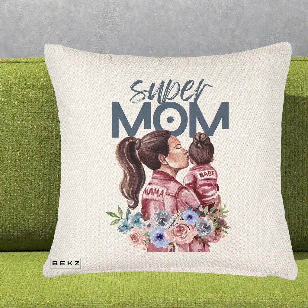 Cadou pentru Mama - Perna Personalizata Super Mom Mama cu Bebelusul, 40x40 cm, Crem Reliefat, Husa Detasabila, Perna Inclusa, BEKZ®