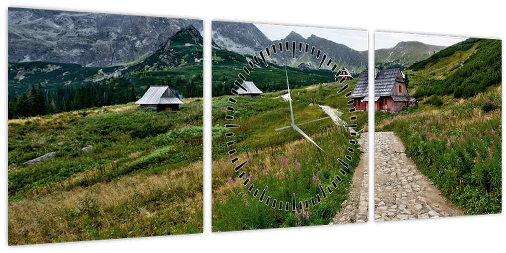 Tablou - Peisaj montan cu case (cu ceas) (90x30 cm)