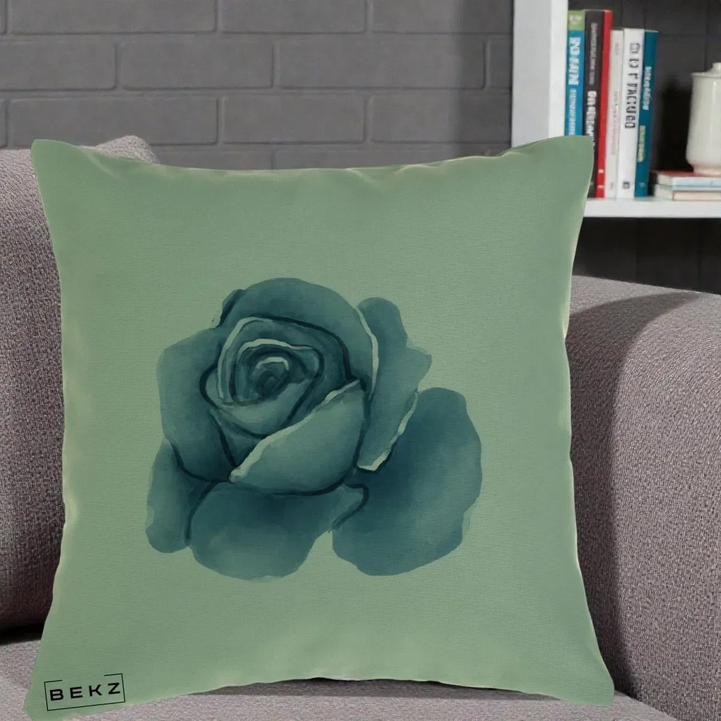 Perna Decorativa Trandafir Albastru Acuarela, 40x40 cm, Verde, Husa Detasabila, Perna Inclusa, BEKZ®