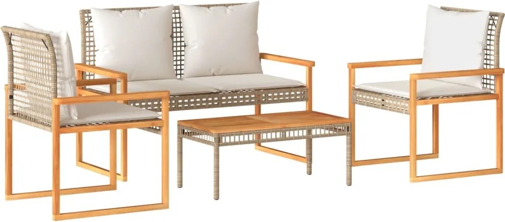 vidaXL Set mobilier de grădină, 4 piese, cu perne, mix bej, poliratan