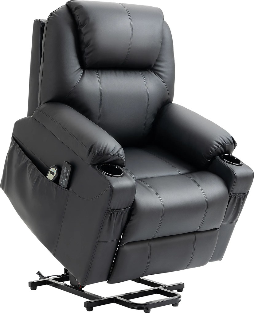 HOMCOM Scaun cu Ridicare Electrică, Masaj, Telecomandă și Buzunare Laterale pentru Vârstnici, din Piele PU, 88x92x106 cm, Negru | Aosom Romania
