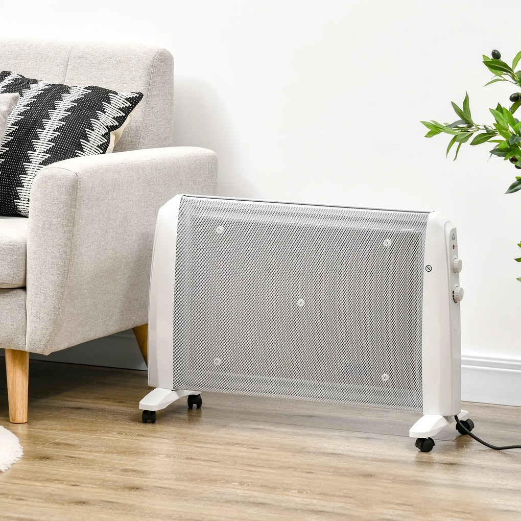 HOMCOM Radiator Electric Mică 1000W/2000W cu Termostat Reglabil, 15-20 m², 4 Roți, 79x27x54 cm, Alb | Aosom Romania