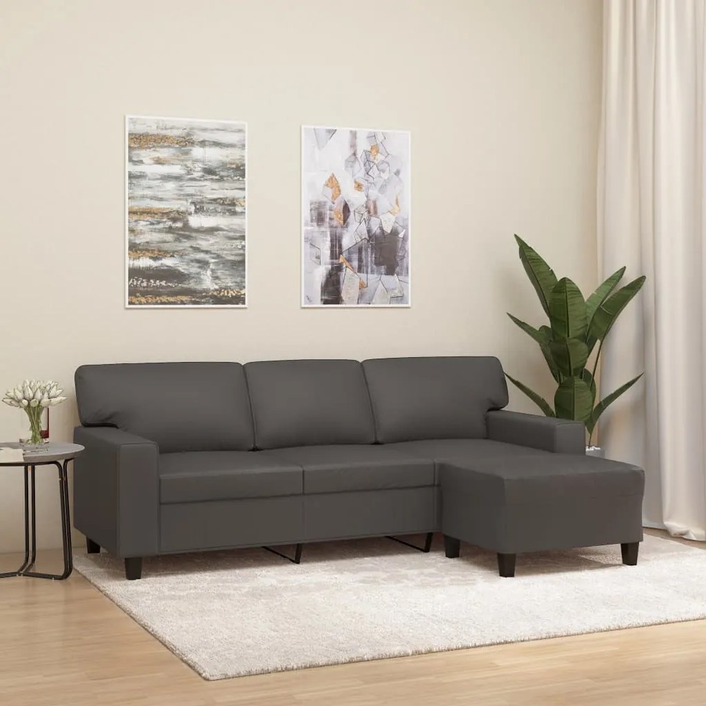 3153554 vidaXL Canapea cu 3 locuri și taburet, gri, 180 cm, piele ecologică