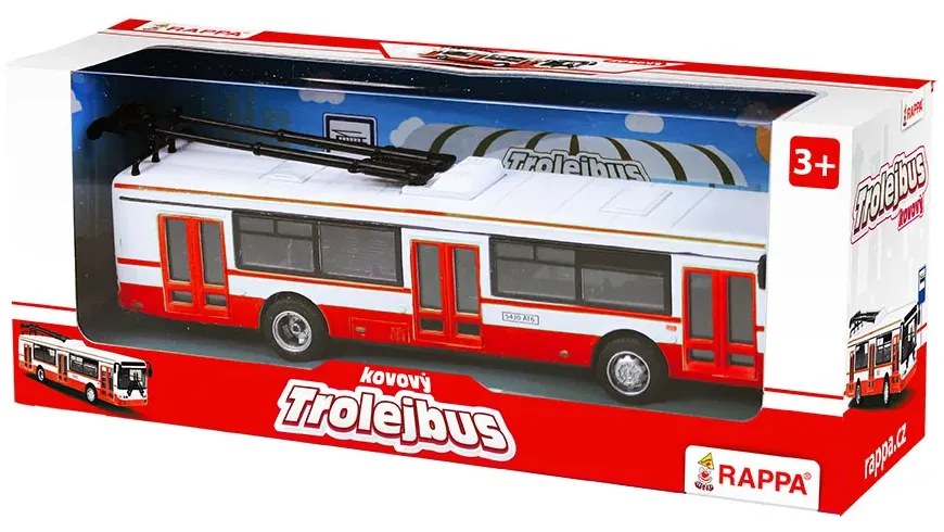 Troleibus metalic, 16 cm, roșu - cu tragere