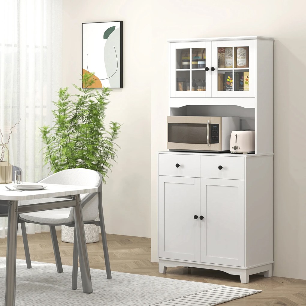 HOMCOM Dulap de bucătărie independent cu blat pentru cuptor cu microunde, cafetieră, dulapuri cu uși din sticlă, Alb | Aosom Romania