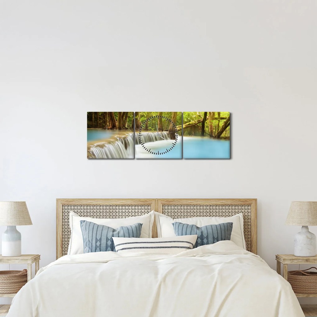 Tablou cu cascada Huai Mae Kamin în pădure (cu ceas) (90x30 cm)
