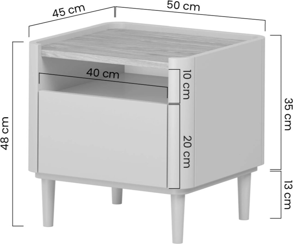 Noptieră cu sertar Elivo 50 cm pe picioare - eucalipt / stejar baltic dune