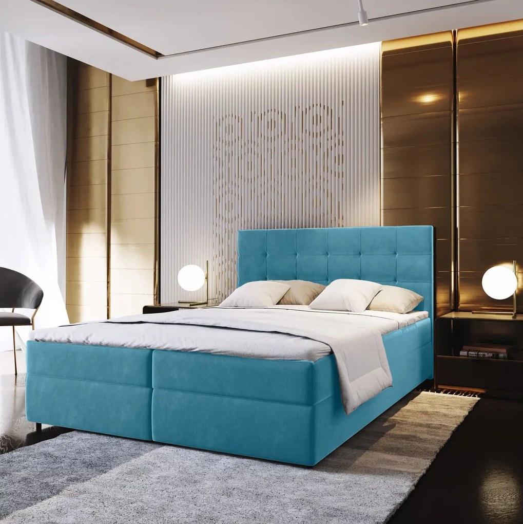 Pat tapițat boxspring GLORIEN VELVET 160x200 cm albastru Saltele: Saltea cu arcuri Bonell
