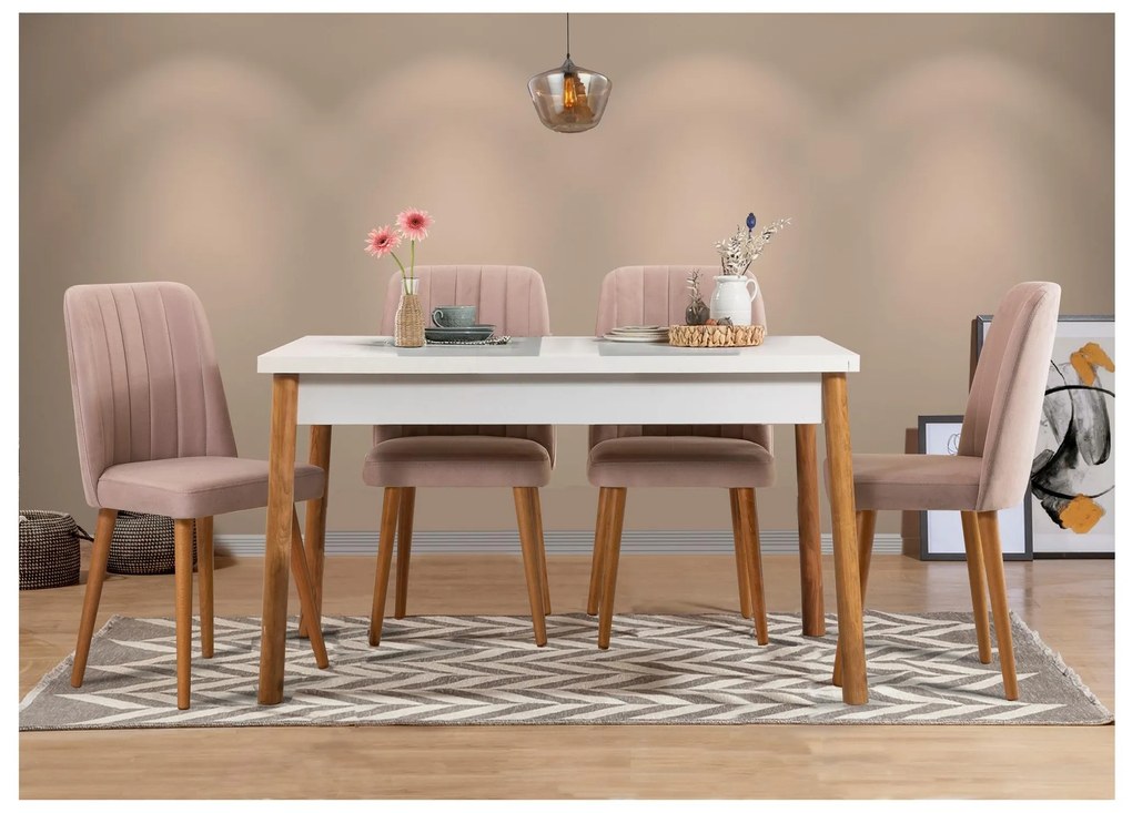 Set mobilier sufragerie Bimuvo 5 (pin atlantic + alb + piatră) (pentru 4 persoane). 1095057