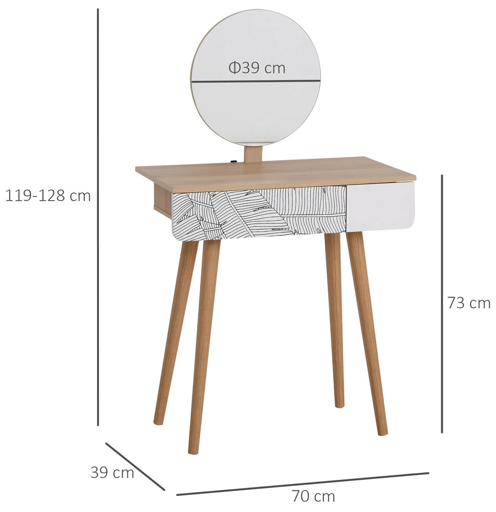 HOMCOM Masa de Machiaj cu Oglinda Rotunda Ф39cm si Sertar cu Ornamente Jungle, Alb si Stejar, 70x39x120cm