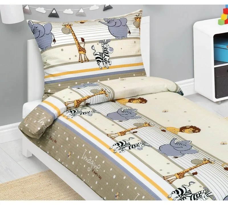 Lenjerie de pat creponată pentru copii Bellatex Safari bej, 140 x 200, 70 x 90 cm