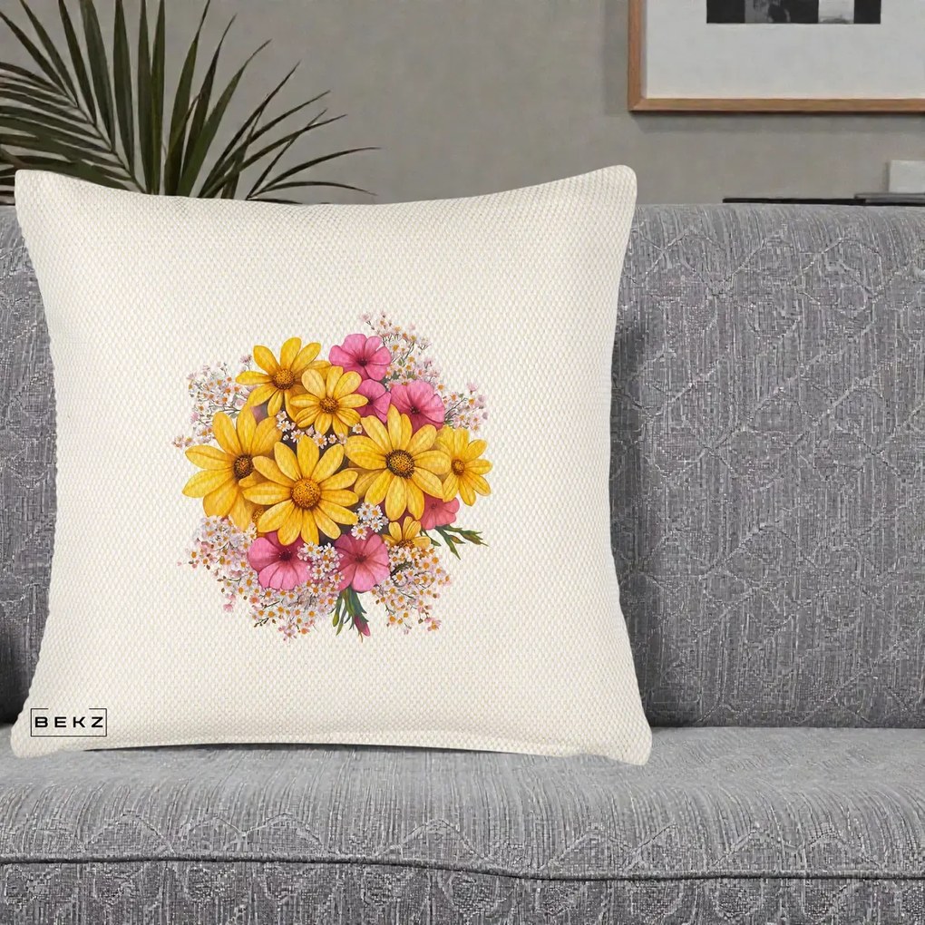 Perna Decorativa Floarea-Soarelui cu Cosmos Roz si Gypsophila, 40x40 cm, Crem Reliefat, Husa Detasabila, Perna Inclusa, BEKZ®