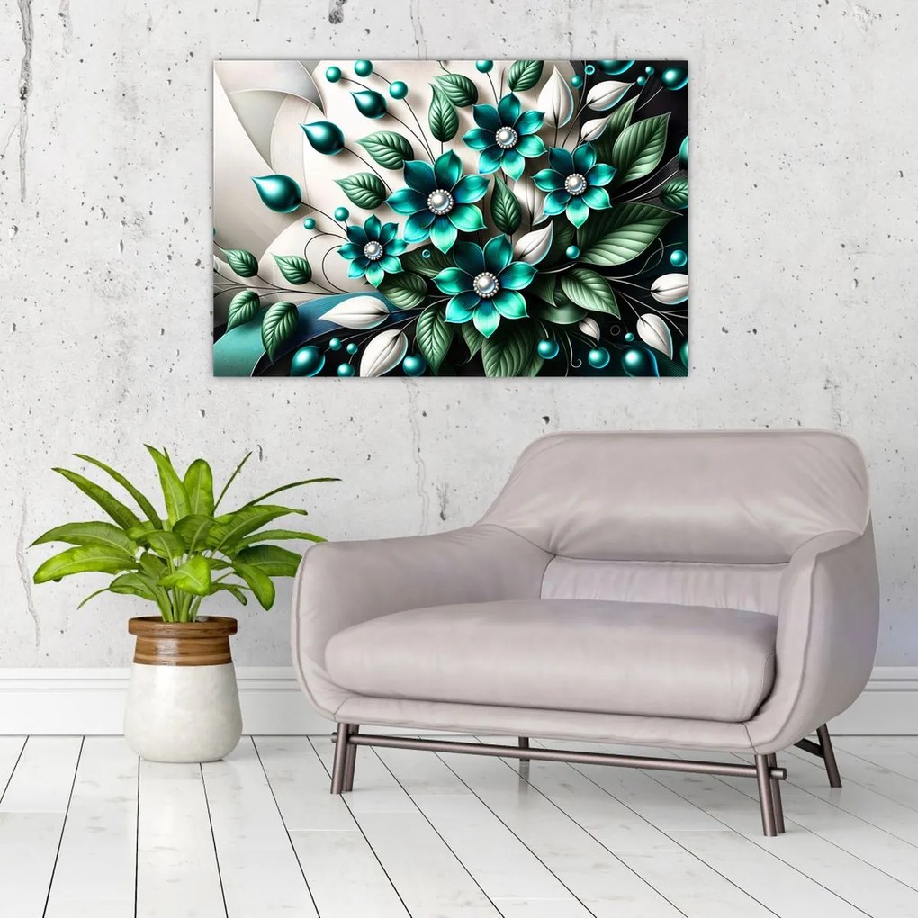 Tablou - Flori turcoaz 3D (90x60 cm)