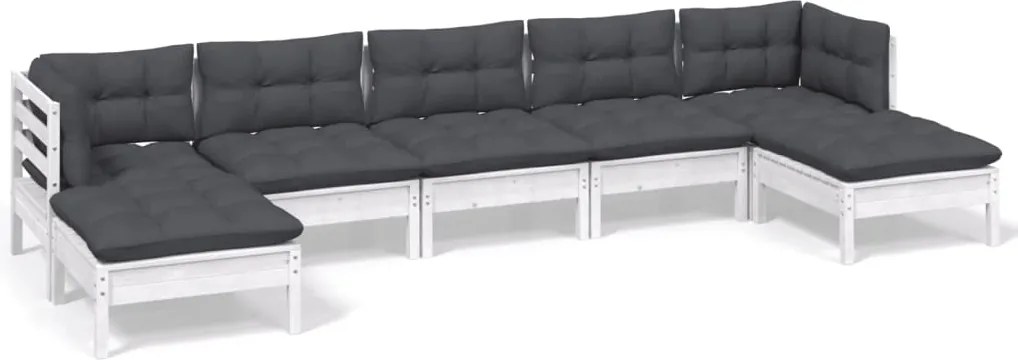 vidaXL Set mobilier de grădină cu perne, 7 piese, alb, lemn de pin