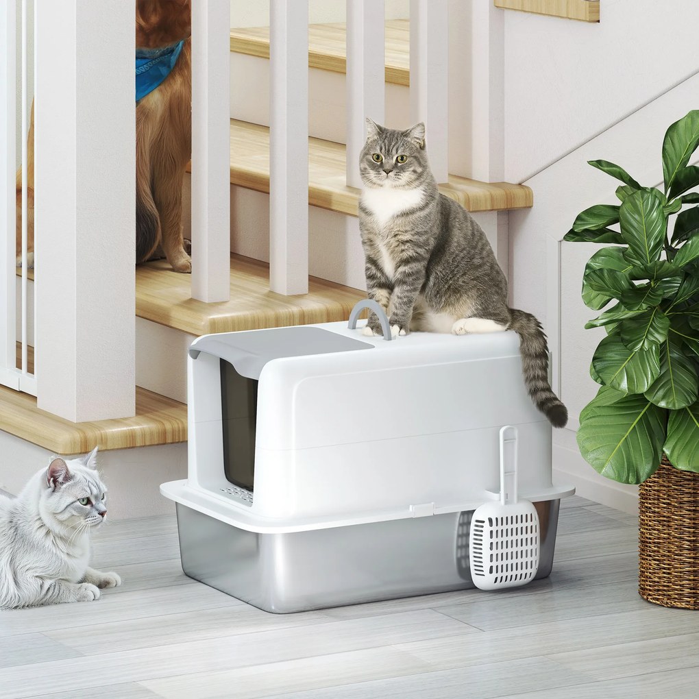 PawHut Toaletă pentru pisici, vas din oțel inoxidabil, filtru, lopată, pentru pisici până la 6 kg, 40,5 x 60,5 x 41,5 cm, Alb/Argintiu | Aosom Romania