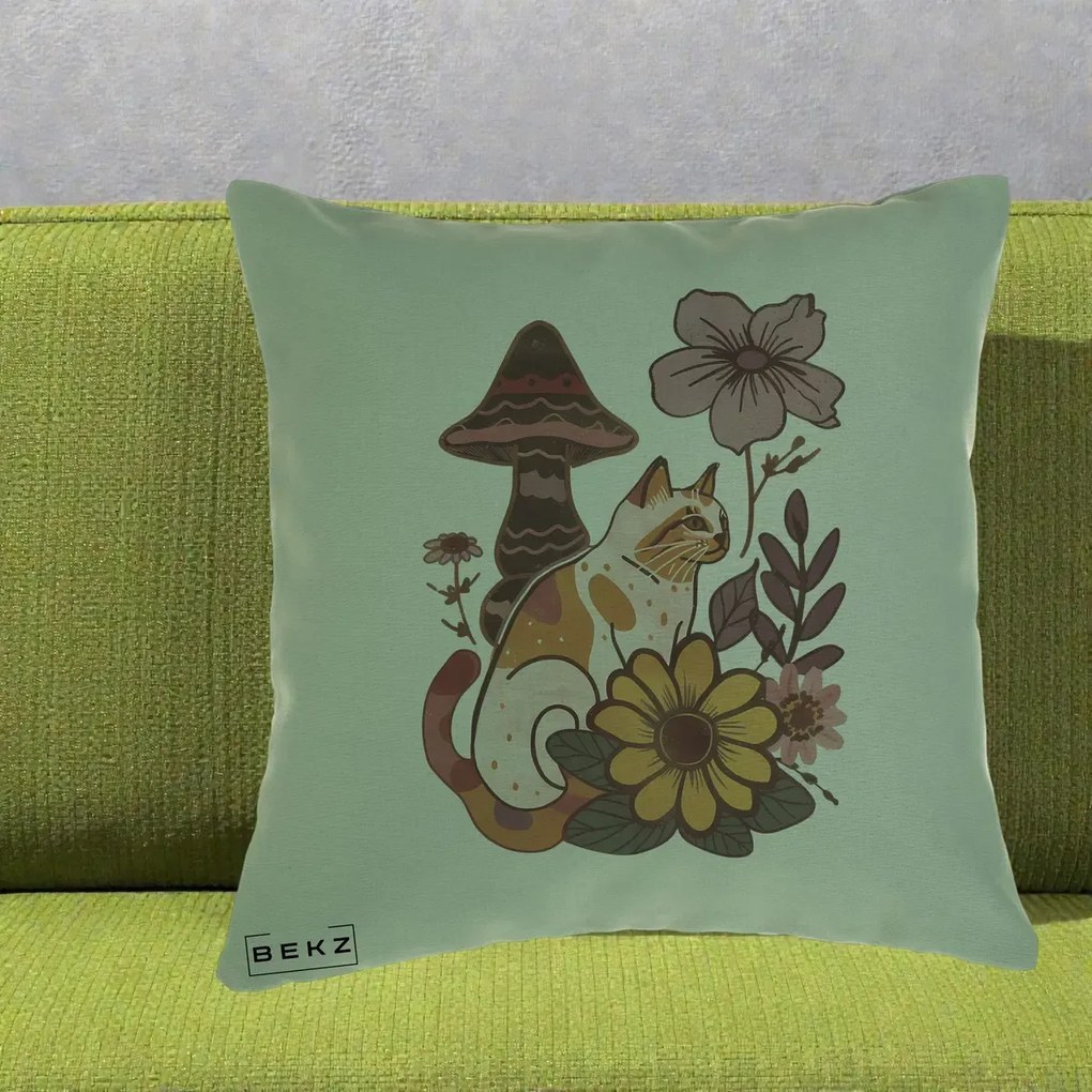 Perna Decorativa Pisica Vintage Florala Boho, 40x40 cm, Verde, Husa Detasabila, Perna Inclusa, BEKZ®