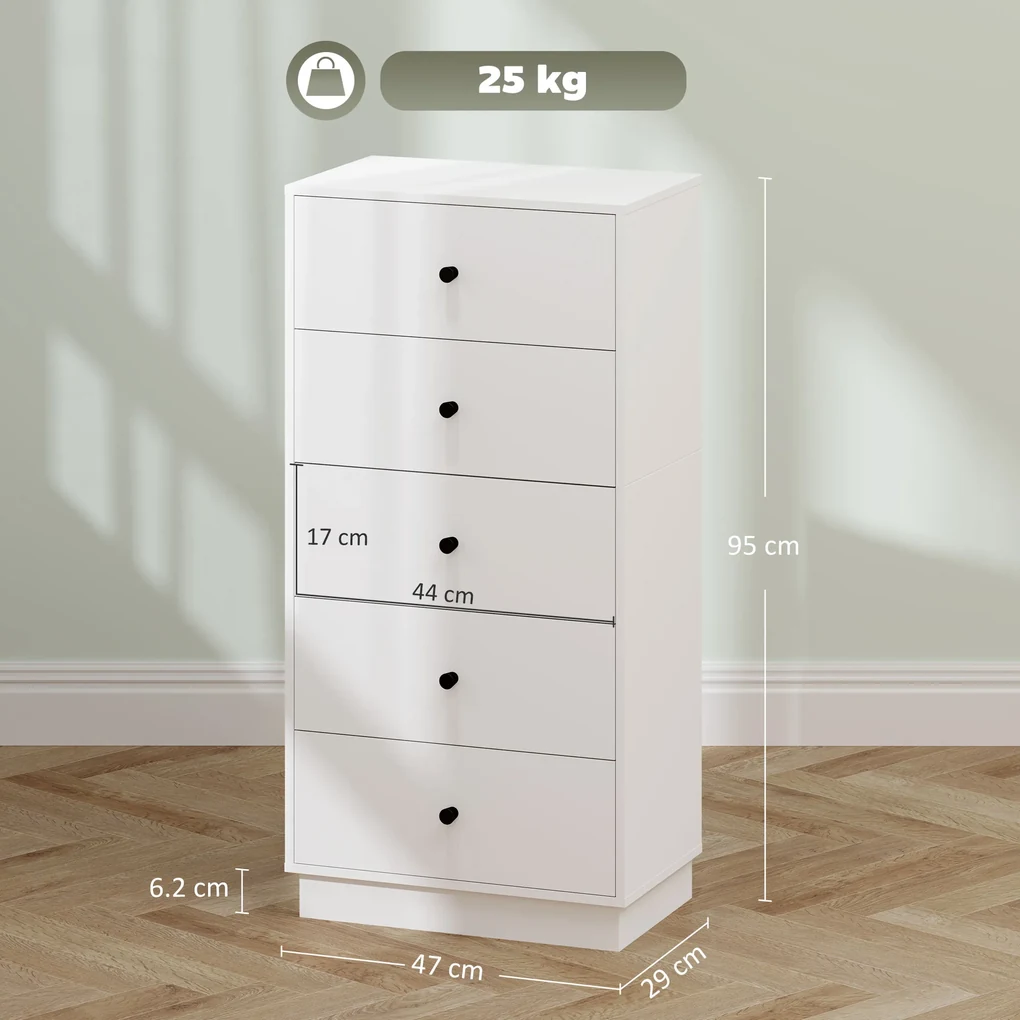 HOMCOM Comodă cu 5 Sertare și Mânere Rotunde pentru Hol, Sufragerie și Camera Copiilor, 47x29x95 cm, Alb | Aosom Romania