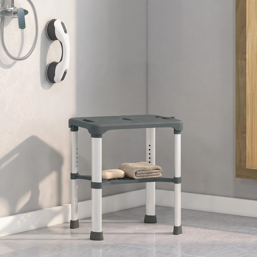 HOMCOM Scaun de Duș din Aluminiu cu Raft Integrat, Înălțime Reglabilă pe 5 Niveluri, Suport 150kg, Gri | Aosom Romania