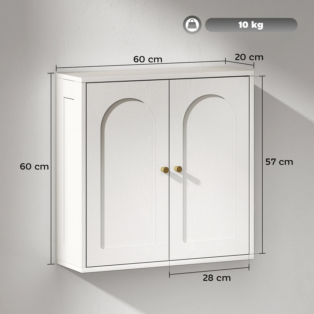 HOMCOM Dulap de perete, mobilier înalt de baie modern cu dulap cu dublă ușă și mânere aurii, 60x20x60 cm, alb | Aosom Romania