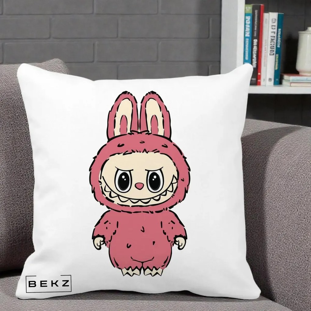 Perna Personalizata Labubu Roz Solo, 40x40 cm, Alba Mata, Husa Detasabila, Perna Inclusa, BEKZ®