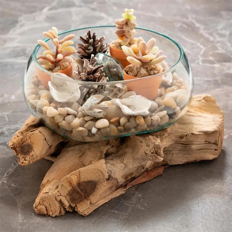 Bol din sticlă suflată pe lemn de tec, 20 cm