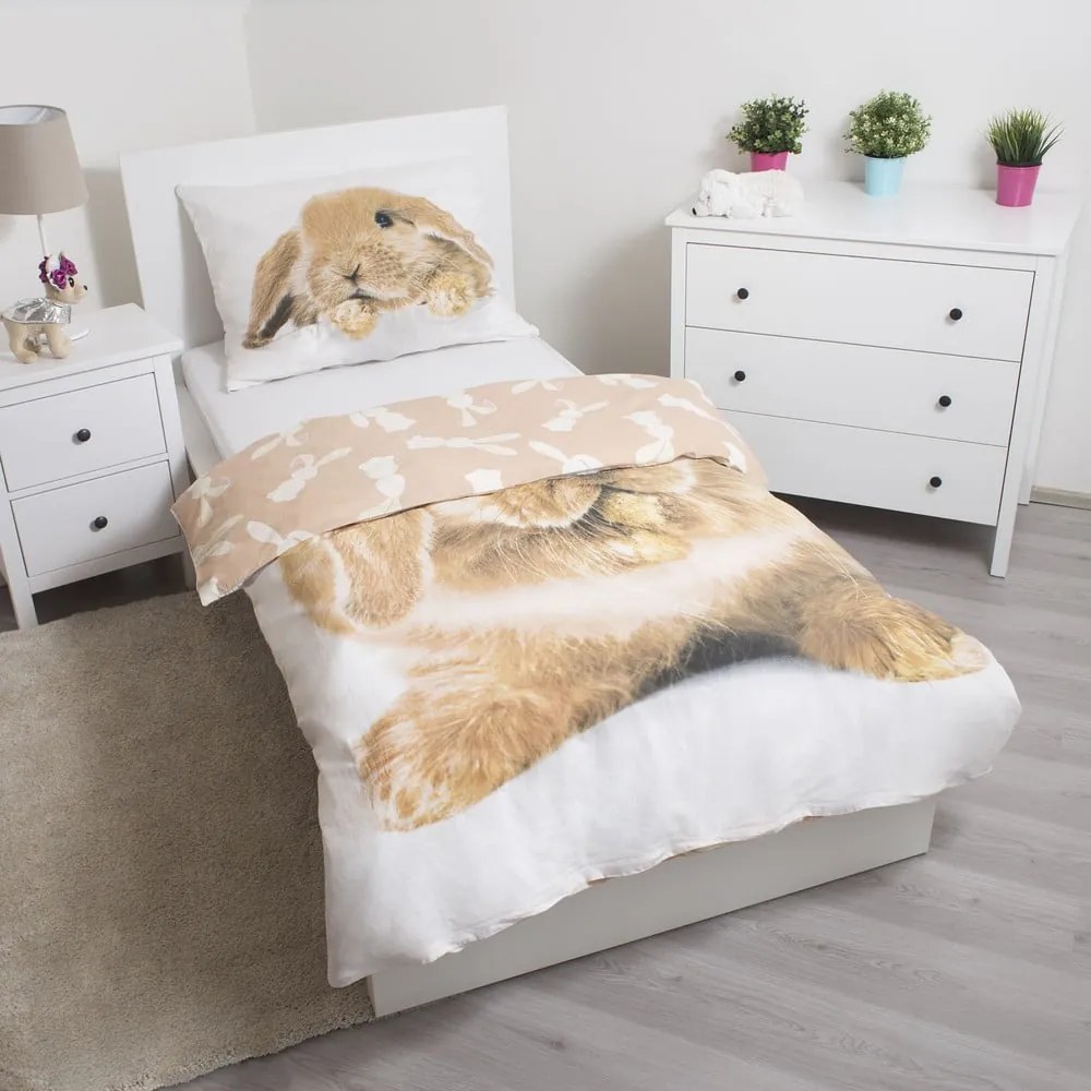 Lenjerie de pat pentru copii albă-maro din bumbac pentru pat de o persoană 140x200 cm Bunny – Jerry Fabrics