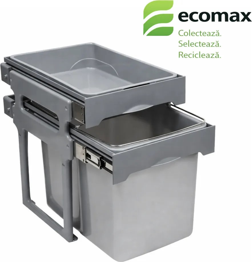 Coș gunoi încorporabil Tank 40 Ecomax, cu extragere totală, gri, 1 x 34 l Polipropilenă, Gri, H:428 mm; L:339 mm; A:486 mm, 400 mm