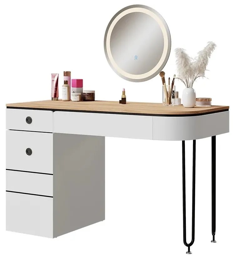 SEA808 - Set Masa toaleta 120 cm, cosmetica, machiaj, oglinda cu LED, masuta vanity - Alb - Negru - Culoarea Stejar