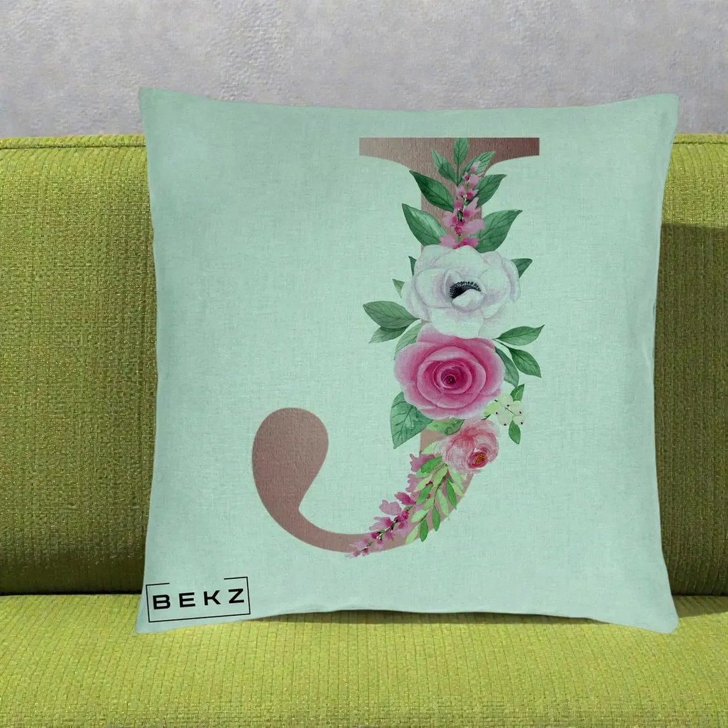 Cadou Personalizat - Perna Personalizata Monograma Rose Gold Litera J, 40x40 cm, Verde Menta, Husa Detasabila, Perna Inclusa, BEKZ®