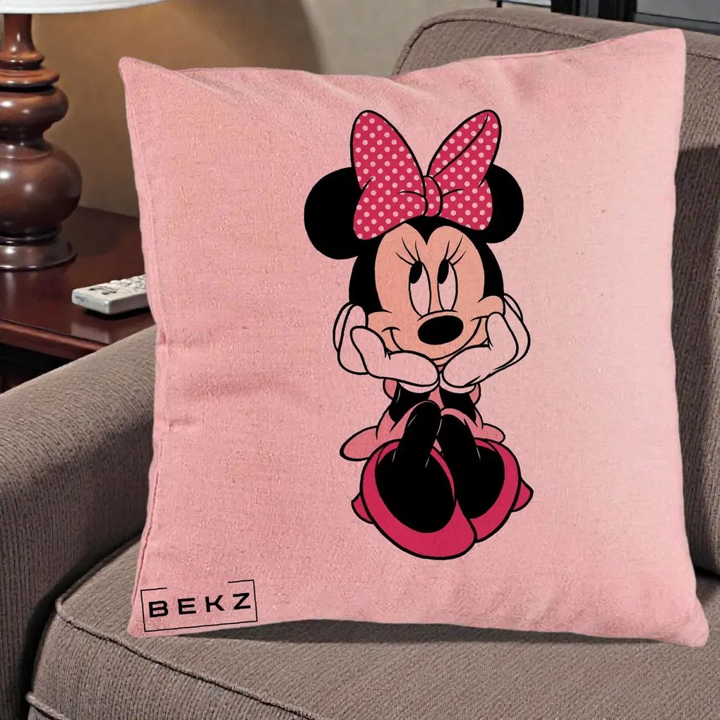 Perna Personalizata Minnie Mouse cu Fundita, 40x40 cm, Roz, Husa Detasabila, Perna Inclusa, BEKZ®