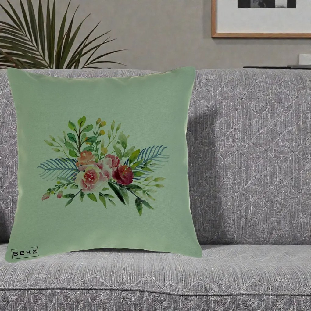 Perna Decorativa Buchet Flori Acuarela Roz-Verde, 40x40 cm, Verde, Husa Detasabila, Perna Inclusa, BEKZ®