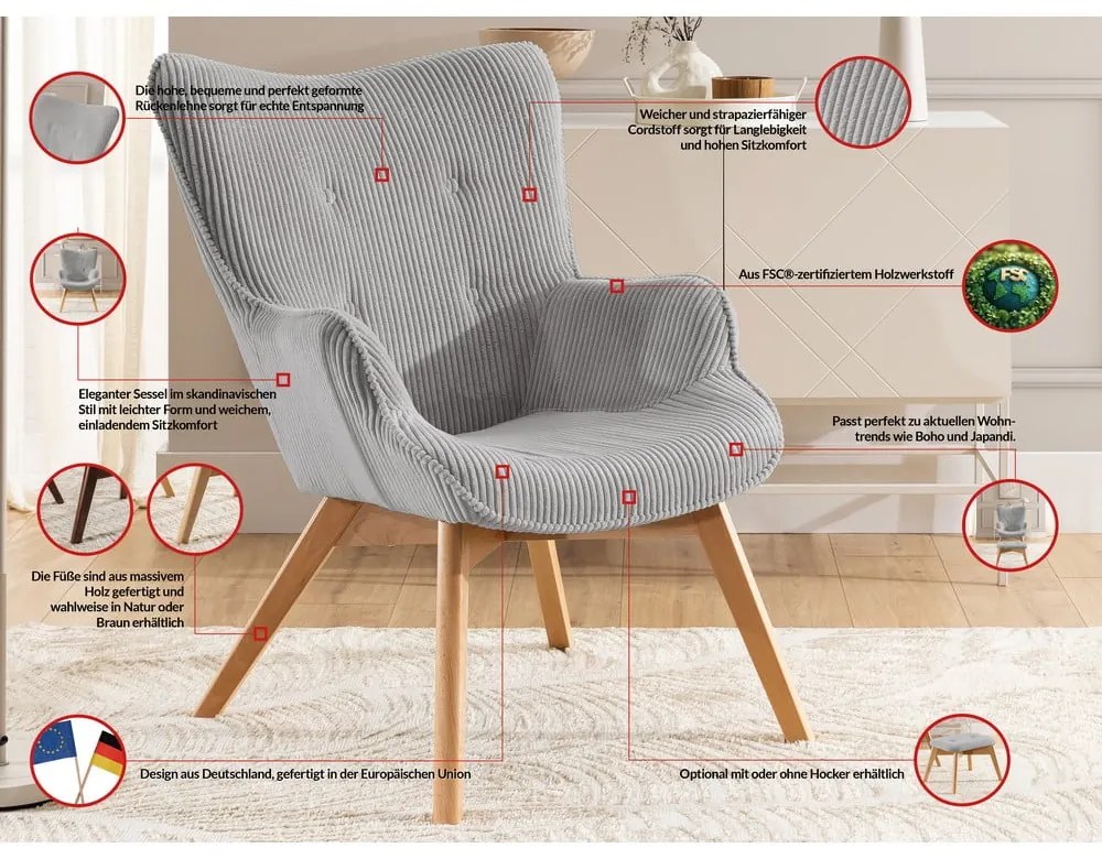 Fotoliu cu taburet gri cu tapițerie din catifea reiată Niko – Ropez