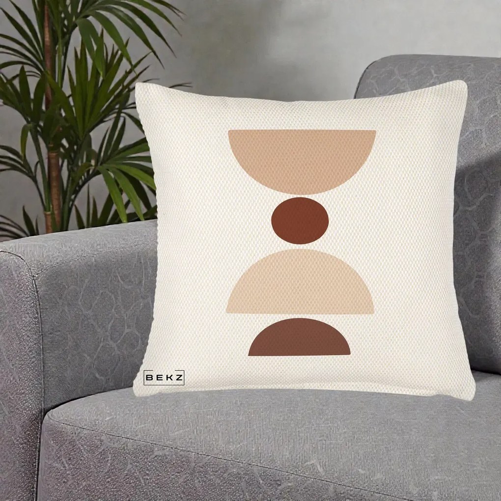Perna Decorativa Geometric Boho Cerc si Boluri, 40x40 cm, Crem Reliefat, Husa Detasabila, Perna Inclusa, BEKZ®