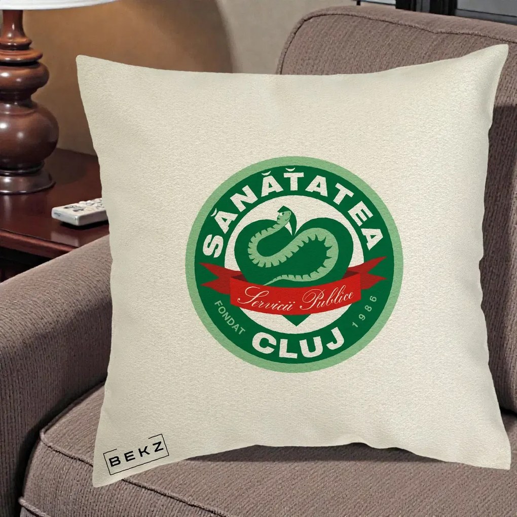 Perna Personalizata Sanatatea Cluj Servicii Publice 1986, 40x40 cm, Ecru, Husa Detasabila, Perna Inclusa, BEKZ®