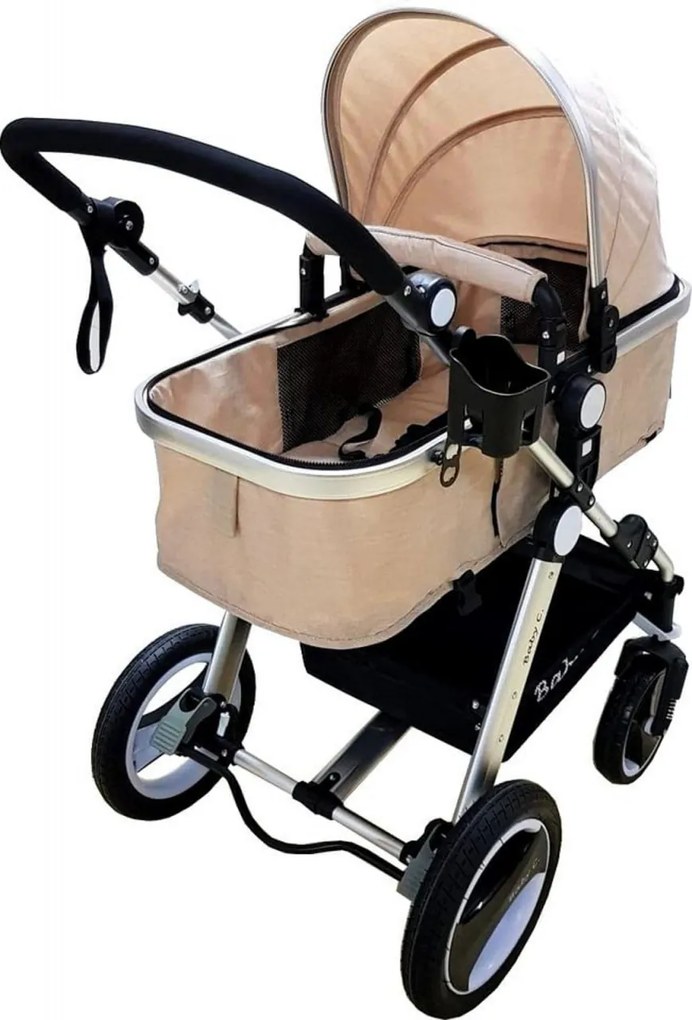 Carucior nou nascuti 2 in 1 Baby Care™ PRO S535, Cadru Aluminiu, roti din cauciuc plin,landou reversibil, Spatar reglabil in 3 trepte,Crem