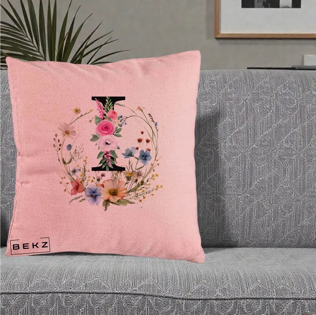 Cadou Personalizat - Perna Personalizata Monogram Litera I cu Flori Acuarela, 40x40 cm, Roz, Husa Detasabila, Perna Inclusa, BEKZ®