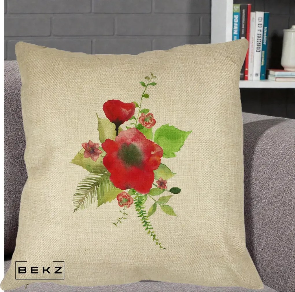 Perna Decorativa Buchet Rosu Acuarela, 40x40 cm, Crem, Husa Detasabila, Perna Inclusa, BEKZ®