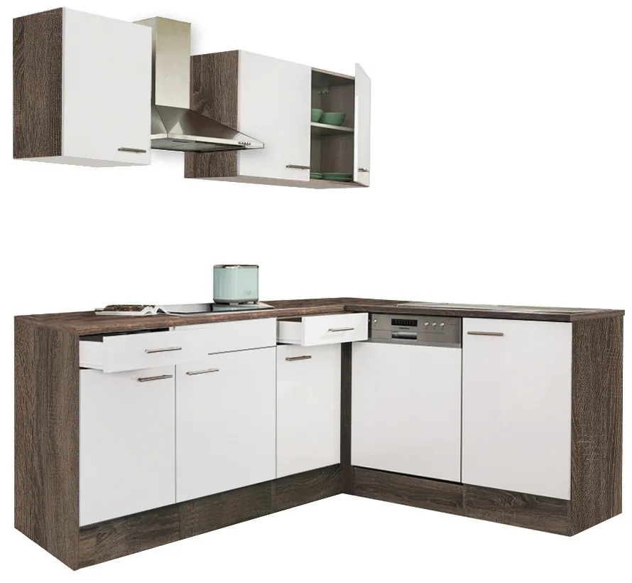 Mobilă de bucătărie de colț Yorki 220, corp din stejar Yorki, cu față alb satinat