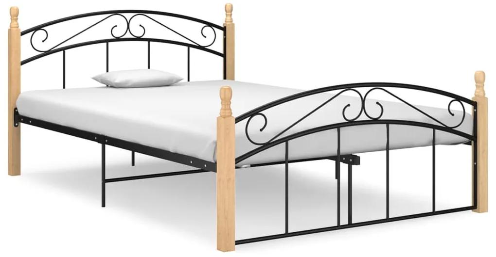 Cadru de pat, negru, 140x200 cm, metal si lemn masiv de stejar Maro deschis, 140 x 200 cm