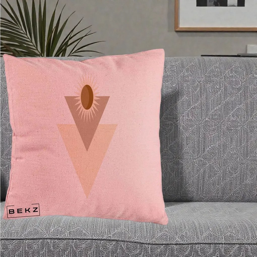 Perna Decorativa Boho Sun cu Triunghiuri Bej si Oval Solar, 40x40 cm, Roz, Husa Detasabila, Perna Inclusa, BEKZ®