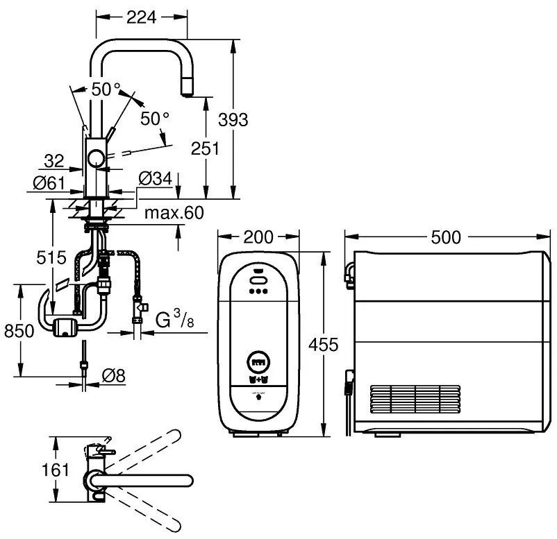 Grohe Blue Home Ondus Baterie de bucatarie cu sistem de filtrare, racire si acidulare, pipa U si dus extractibil, crom