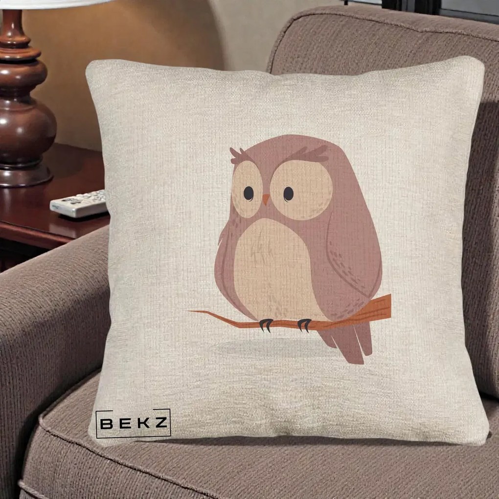 Perna Decorativa Bufnita Kawaii pe Creanga, 40x40 cm, Bej Canapea, Husa Detasabila, Perna Inclusa, BEKZ®