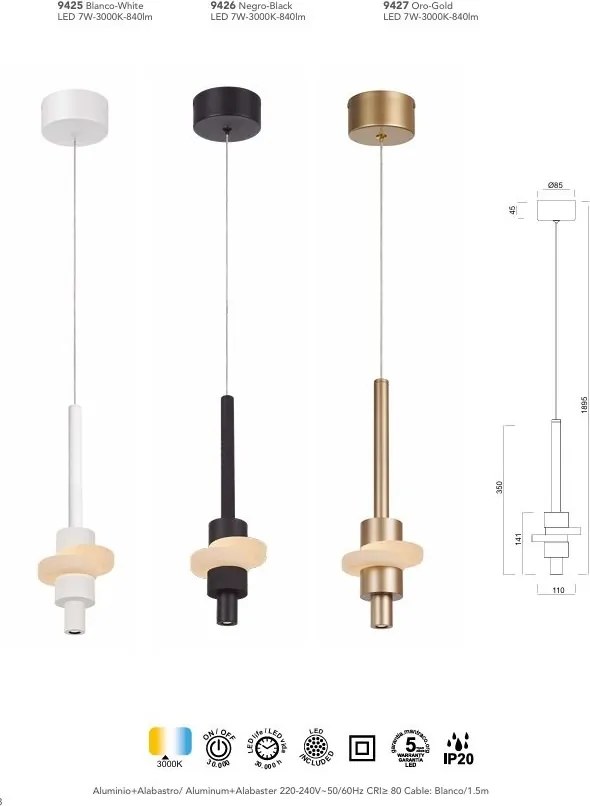 Lustra, Pendul LED din aluminiu si alabastru, Betty auriu