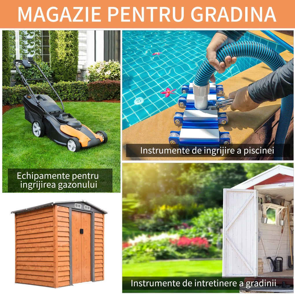 Outsunny Magazie de Grădină pentru Unelte cu Uși Glisante, 197x163x178-200 cm, Maro | Aosom Romania